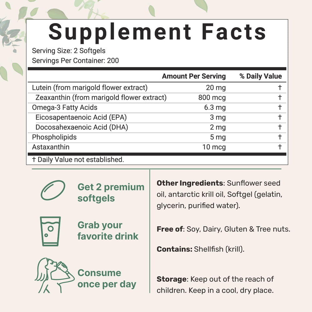 Close-up of softgels showing lutein 20mg zeaxanthin 800mcg astaxanthin 10mcg and omega-3 content