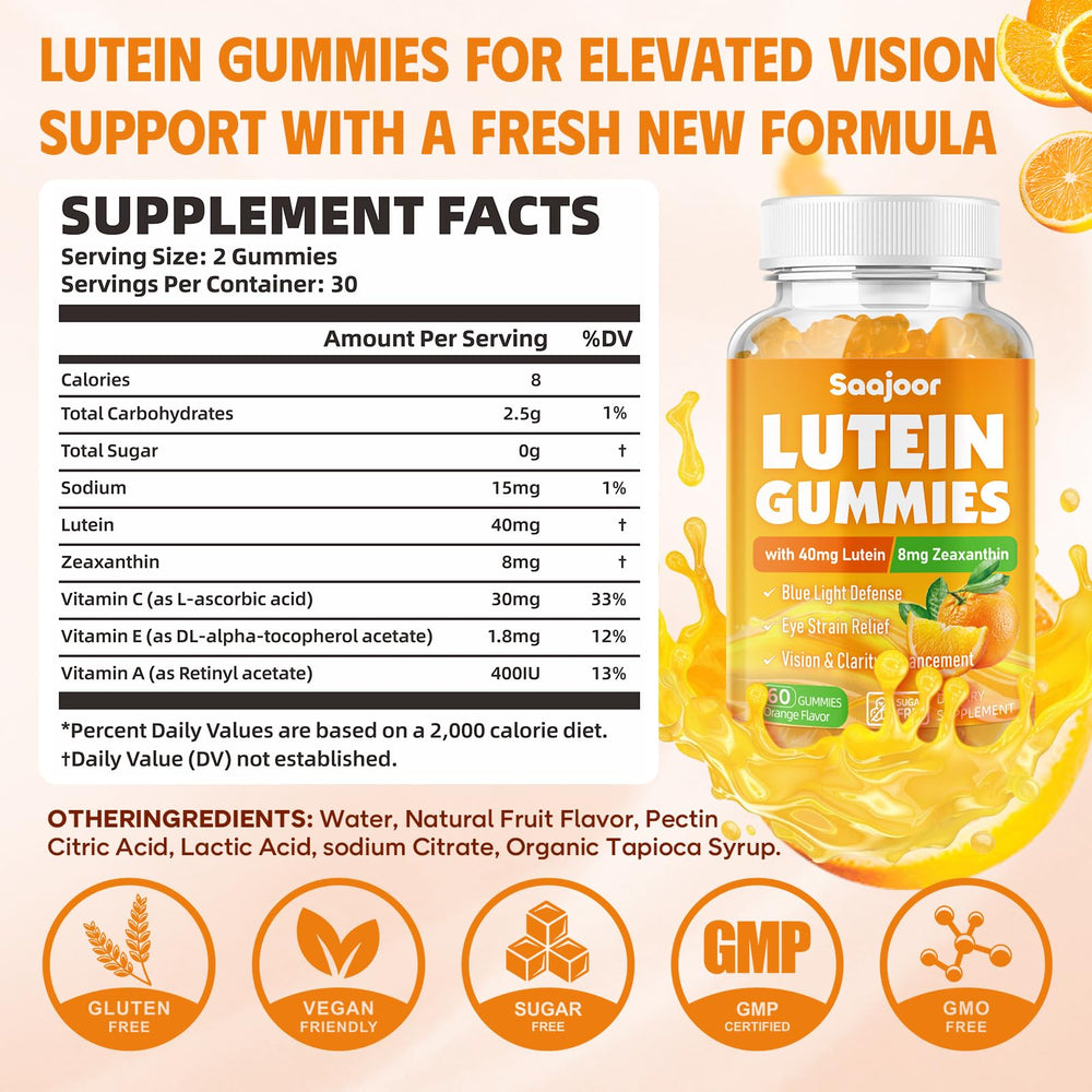 Close-up of Lutein 40mg and Zeaxanthin 8mg gummies label