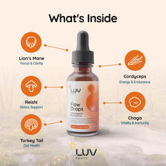 Flow Drops bottle showcasing energy and focus with mushroom blend