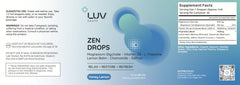 LUV Zen Drops packaging showing full ingredient list