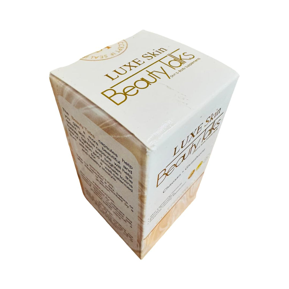 Lifestyle shot featuring Luxe Skin Beauty Talks supplement bottle