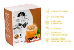Box front showing Luxe Slim Cafe Macchiato 21g x 10 sachets