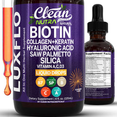LuxGlo Biotin Liquid Drops bottle with dropper