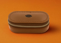 Elegant gift-ready leather travel contact lens case in caramel brown