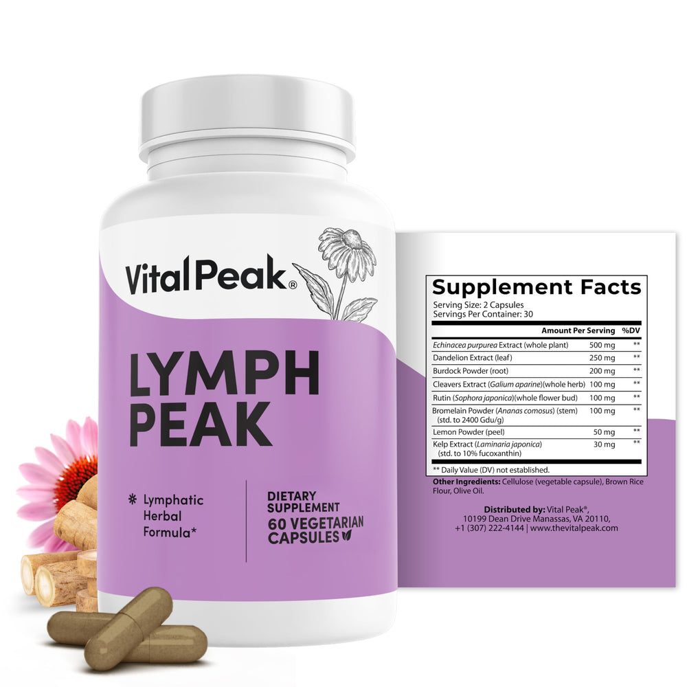 Lymph Peak bottle showing 60 capsules for lymphatic support