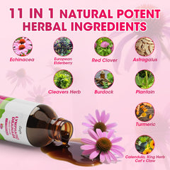 Herbs such as cleavers herb, burdock, calendula and turmeric in the blend