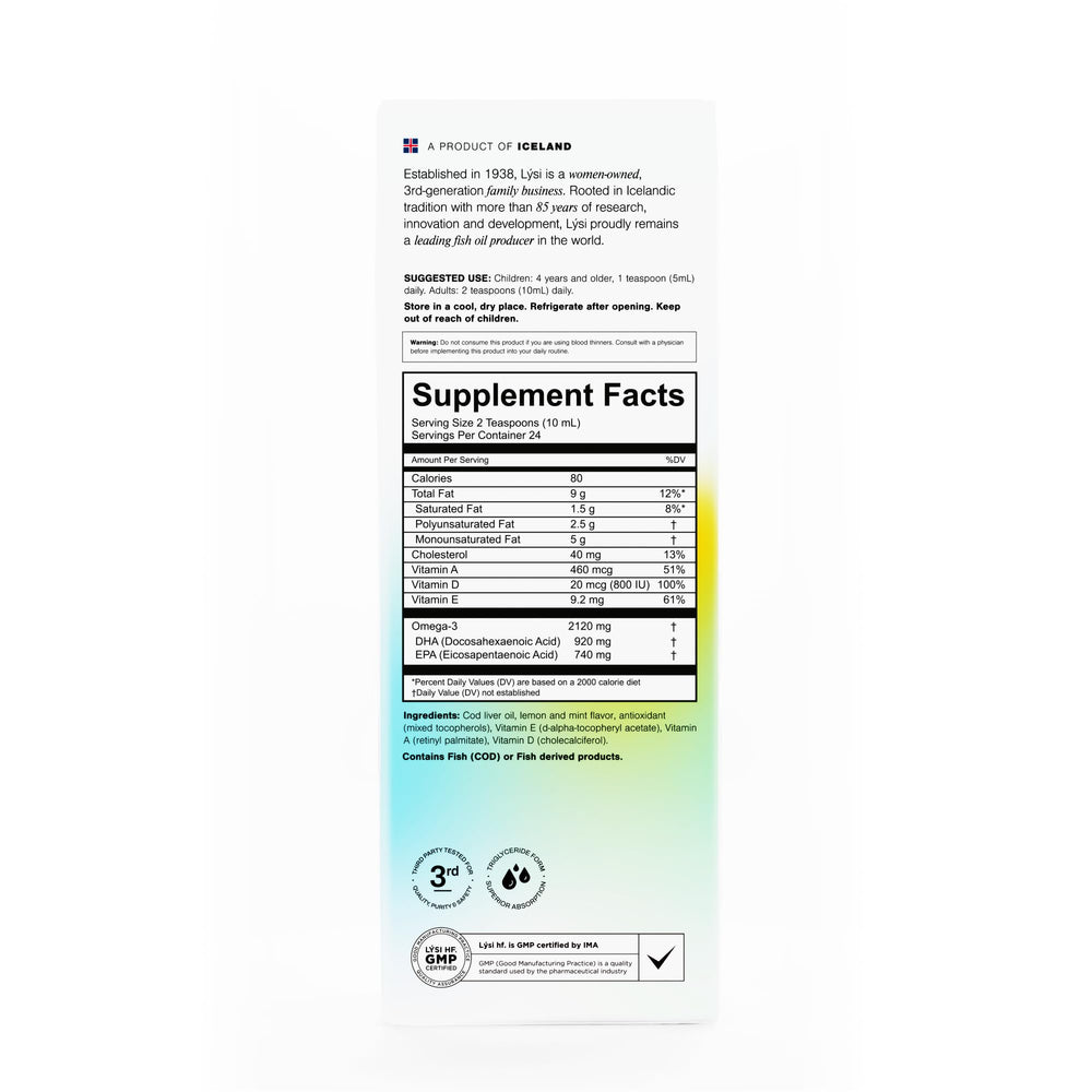 Vitamins D, A, and E icons on Lysi cod liver oil