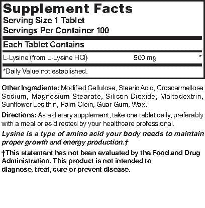 Lysine 500 mg 100 tablets packaging label
