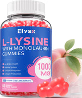 Bottle of L-Lysine Gummies 1000mg with Monolaurin in peach flavor, 60 count