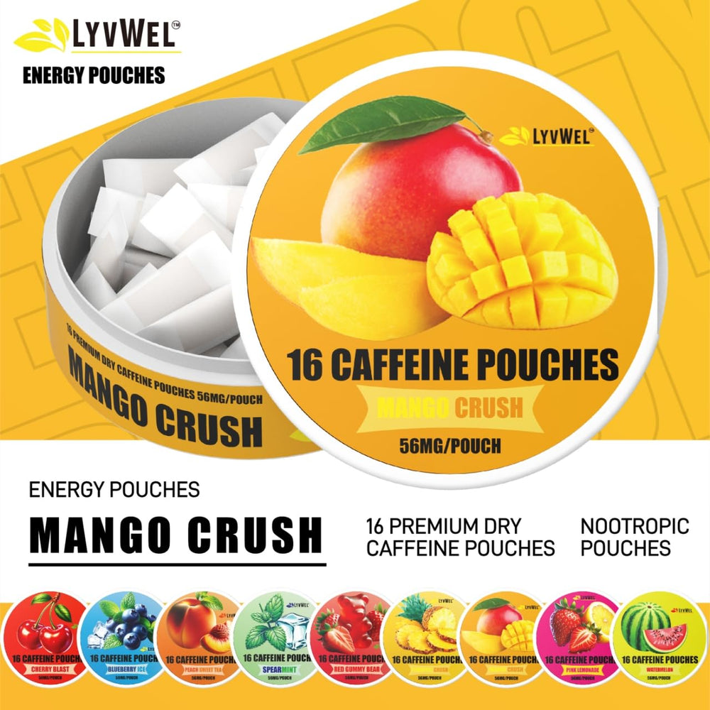 LyvWel 56mg caffeine pouch close-up, steady lift for focus during work.