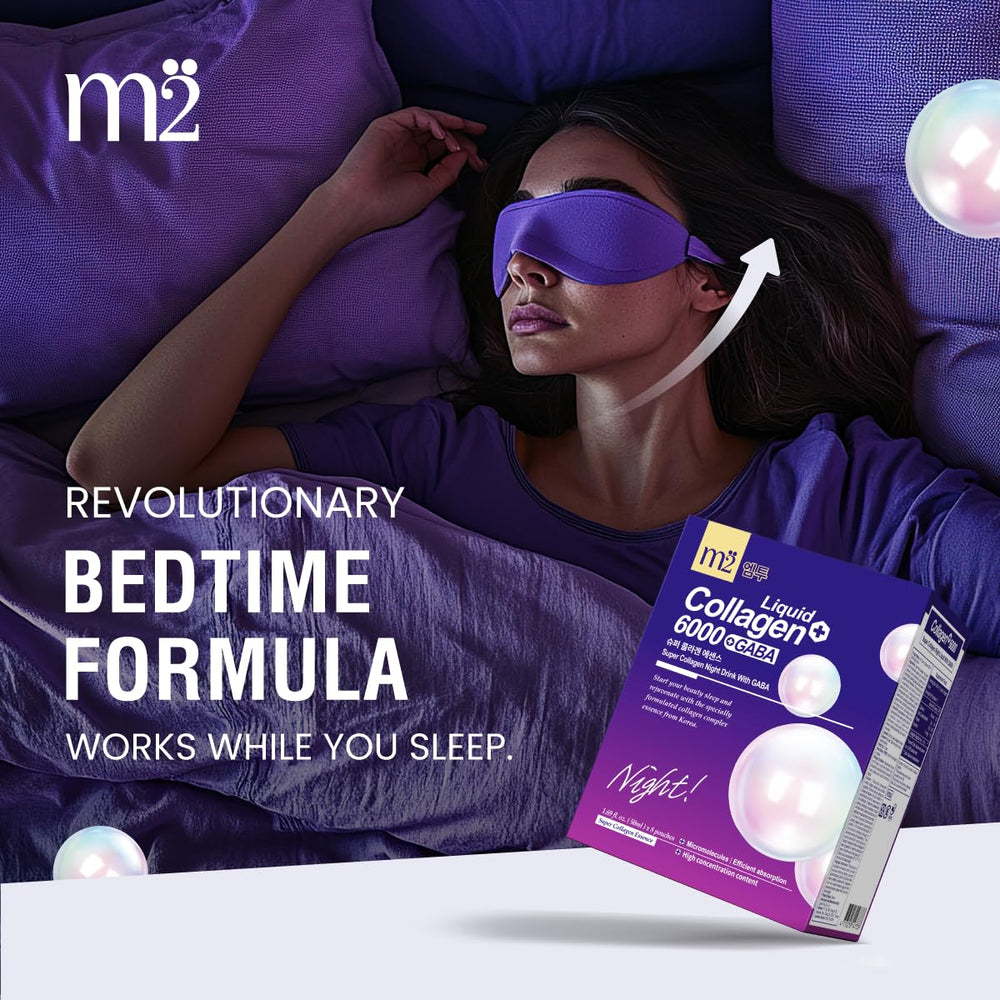 Glassy cup of M2 Night Beauty Drink showing the purple dual collagen formula