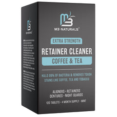 Front view of M3 Naturals Coffee and Tea Retainer Cleaner tablets bottle