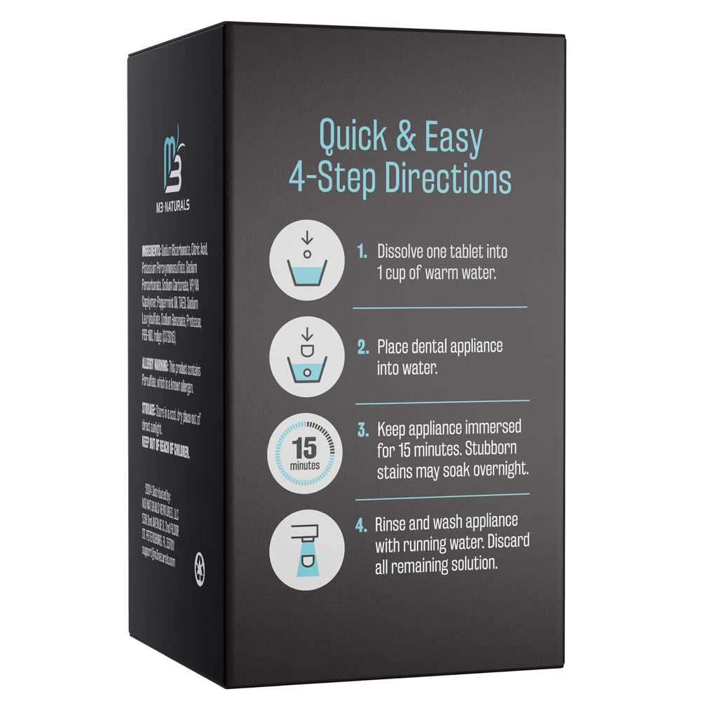 Product packaging showing 120 whitening tablets for a 4 month supply