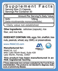 Close-up of MAAC10 NMN 125mg capsules