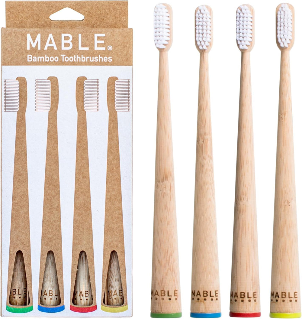 MABLE four-pack bamboo toothbrushes for adults with eco-friendly bamboo handles