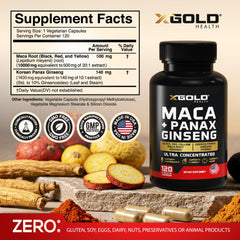 Close-up of Maca and Panax Ginseng capsules showing dosage