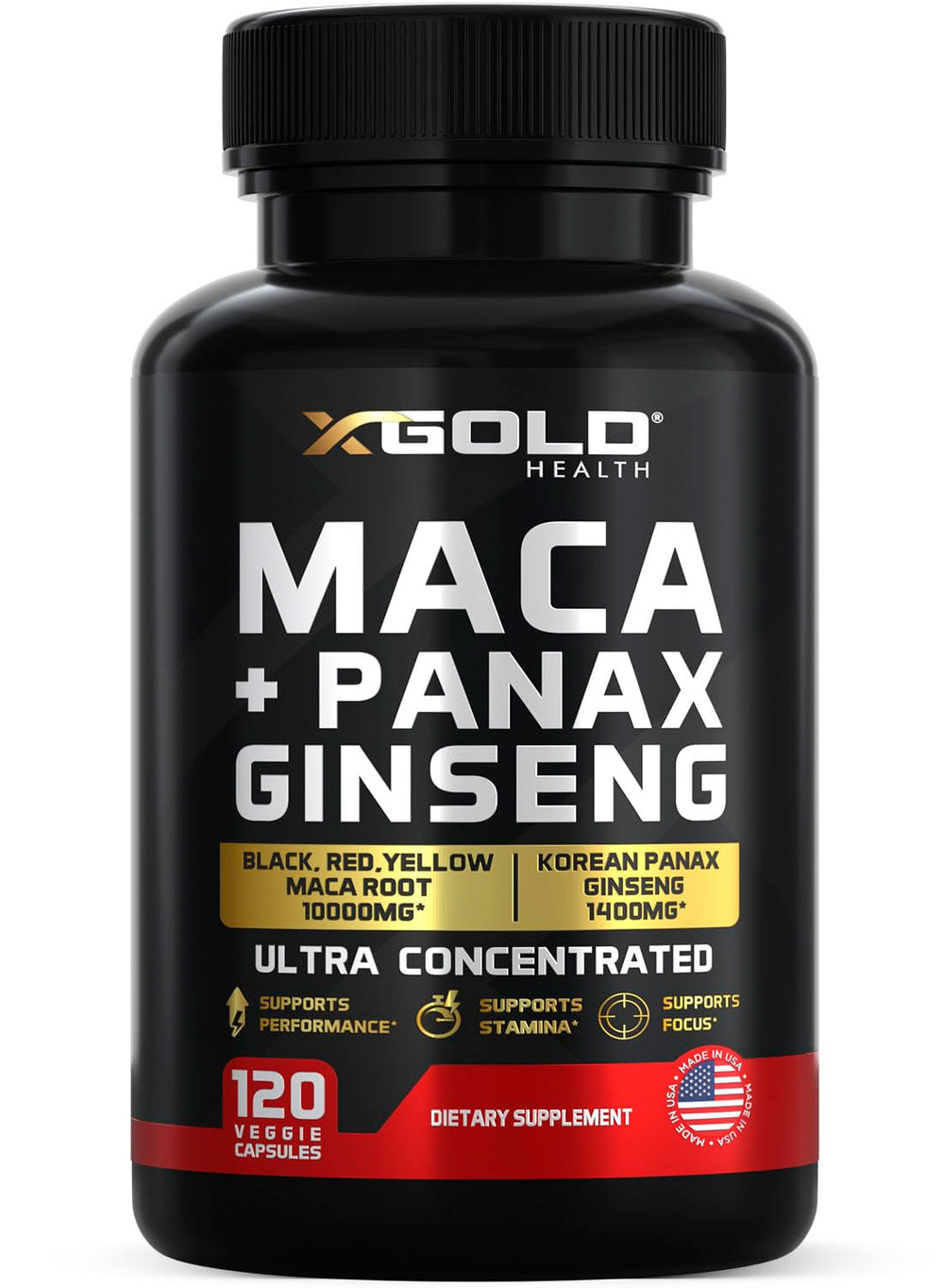 Front view of Maca Root and Panax Ginseng capsules