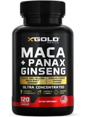 Front view of Maca Root and Panax Ginseng capsules