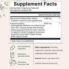 Packaging showing 240 veggie capsules and 5-in-1 maca blend