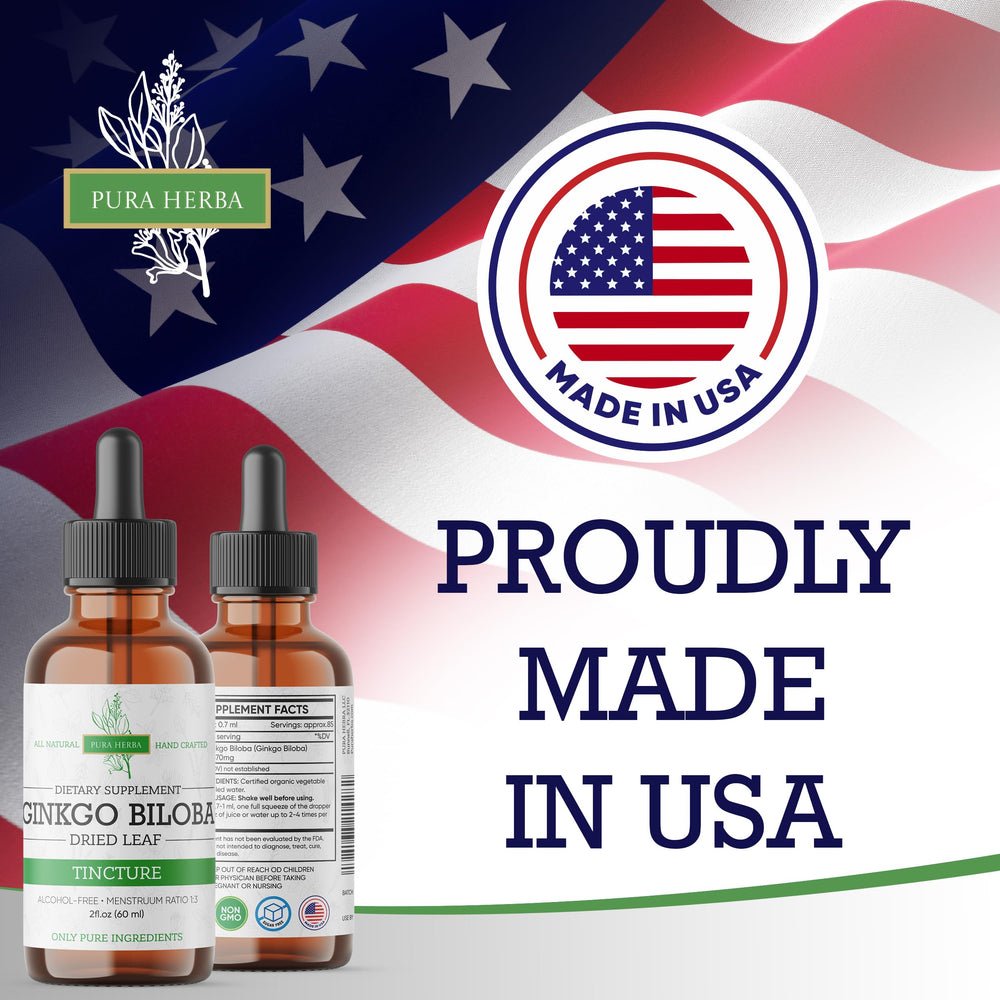 Made in USA label on Pura Herba Ginkgo Biloba Liquid Extract bottle