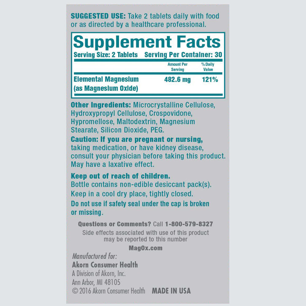 Mag-Ox 400 bottle back label with supplement facts