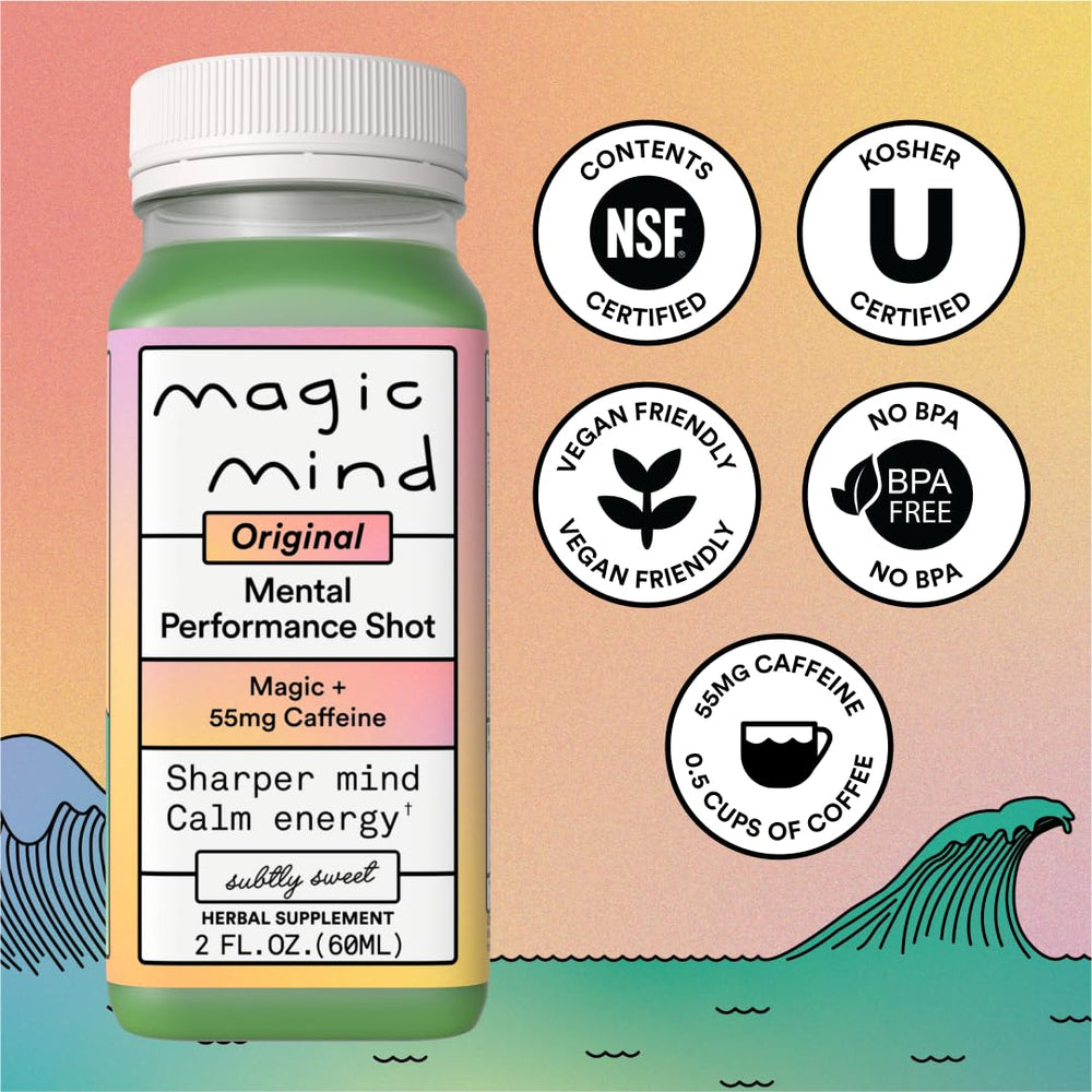 Row of Magic Mind 2 oz shots showing 30-pack packaging