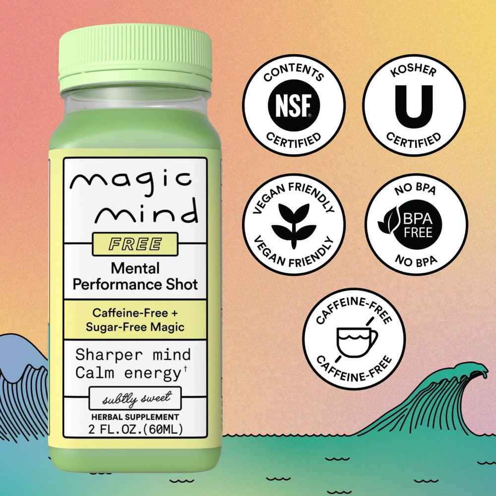 Close-up of Magic Mind bottle with label