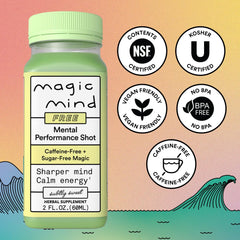 Close-up of Magic Mind bottle with label