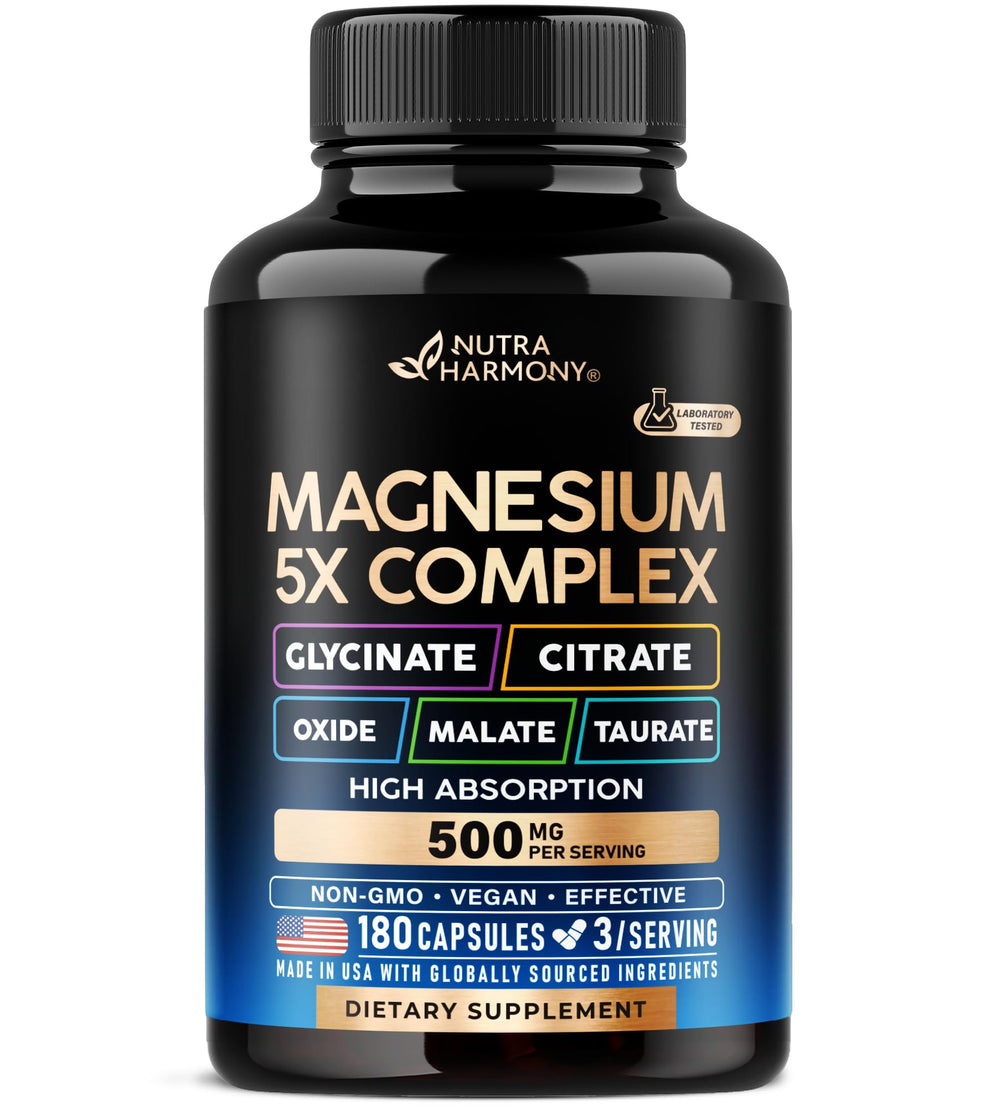 Magnesium 5-in-1 complex bottle and capsules