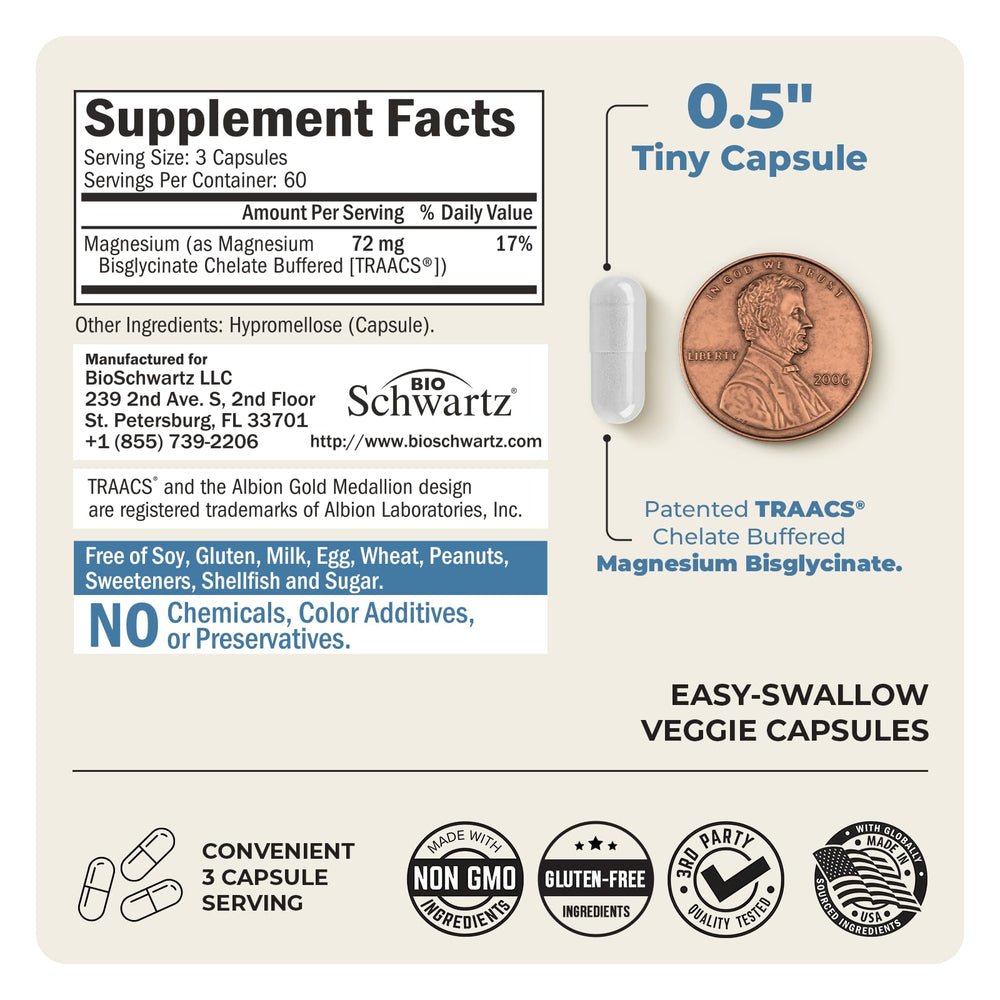 Supplement facts label for Magnesium Bisglycinate 180 capsules