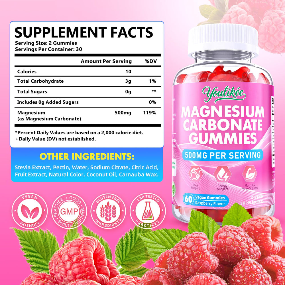 Close-up of 500mg Magnesium Carbonate Gummies Raspberry