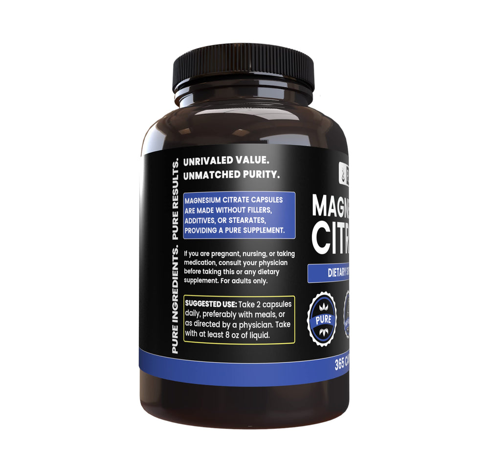 Label showing magnesium citrate ingredients and no fillers