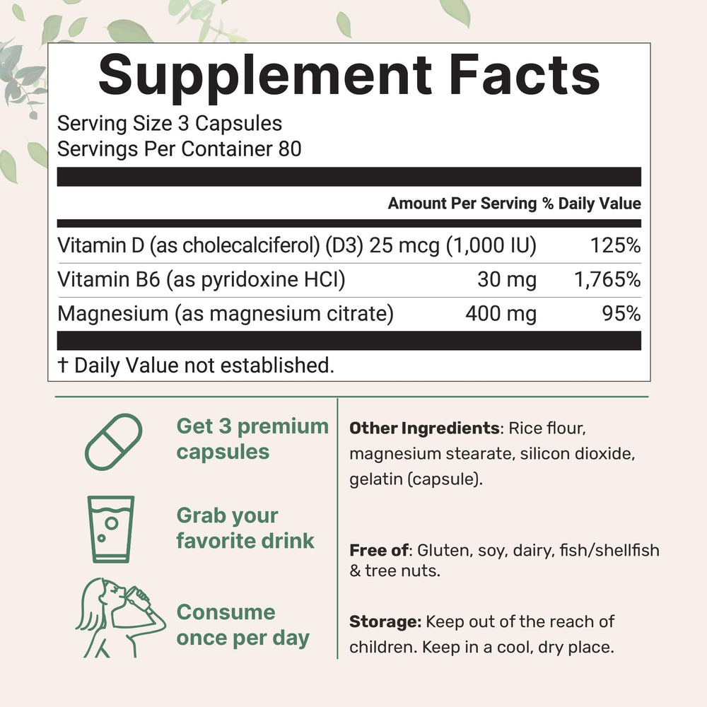 Magnesium citrate 400mg with vitamin D3 and B6 per dose
