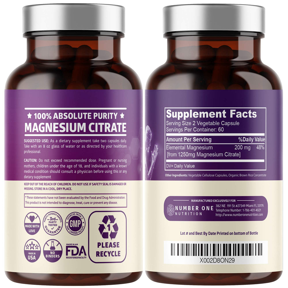 Close-up shot of magnesium citrate capsules with bottle in the background