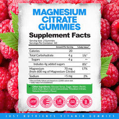 Nutrition panel and ingredients for Raspberry Magnesium Citrate Gummies