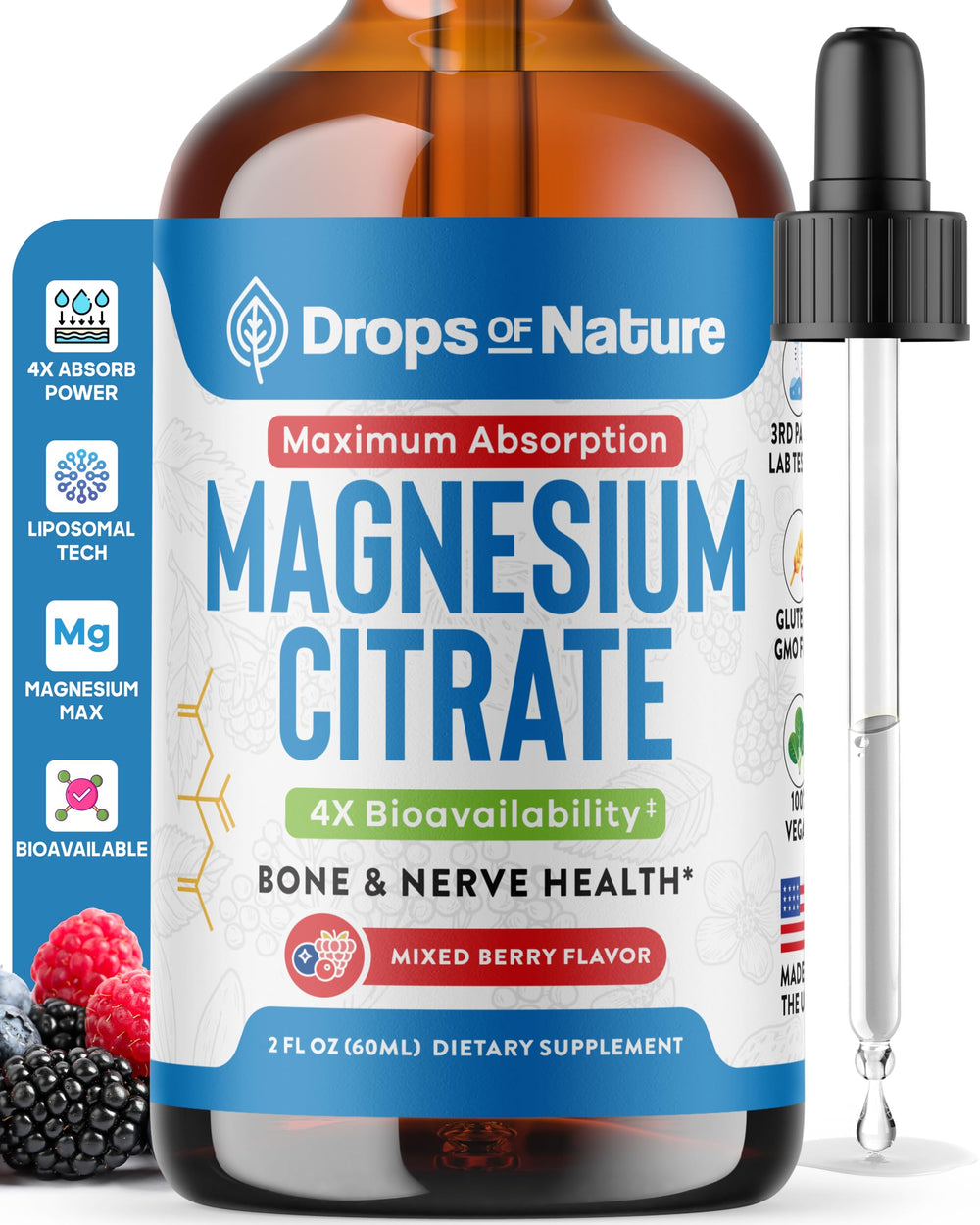 Bottle of mixed berry magnesium citrate liquid supplement, 60ml