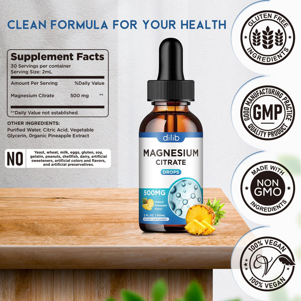 Bottle packaging and outer box for Magnesium Citrate Liquid Drops Pineapple