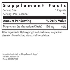 Label showing 170 mg magnesium per vegetarian capsule