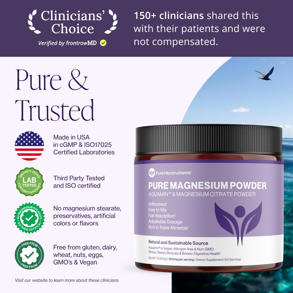 Scoop of magnesium citrate powder showing 350 mg magnesium per serving
