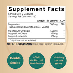 Graphic showing breakdown: 500mg magnesium glycinate, 350mg magnesium citrate, 150mg magnesium malate