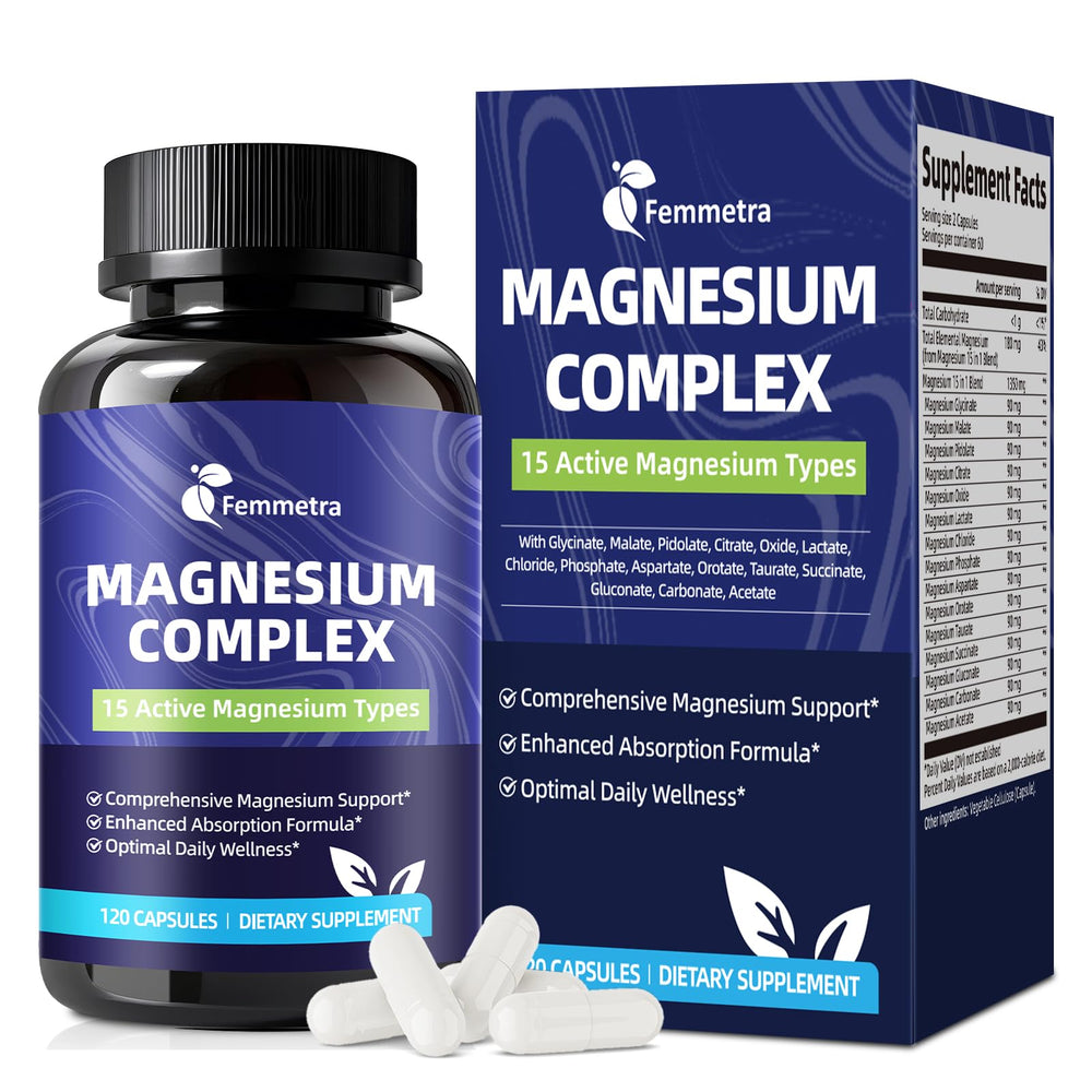 Bottle of Magnesium Complex 1350mg 15-in-1 vegan supplement