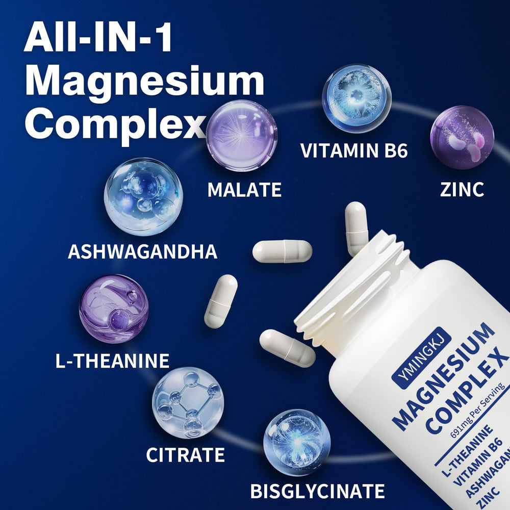 Close-up of Magnesium Complex bottle label highlighting Glycinate, Citrate, Malate