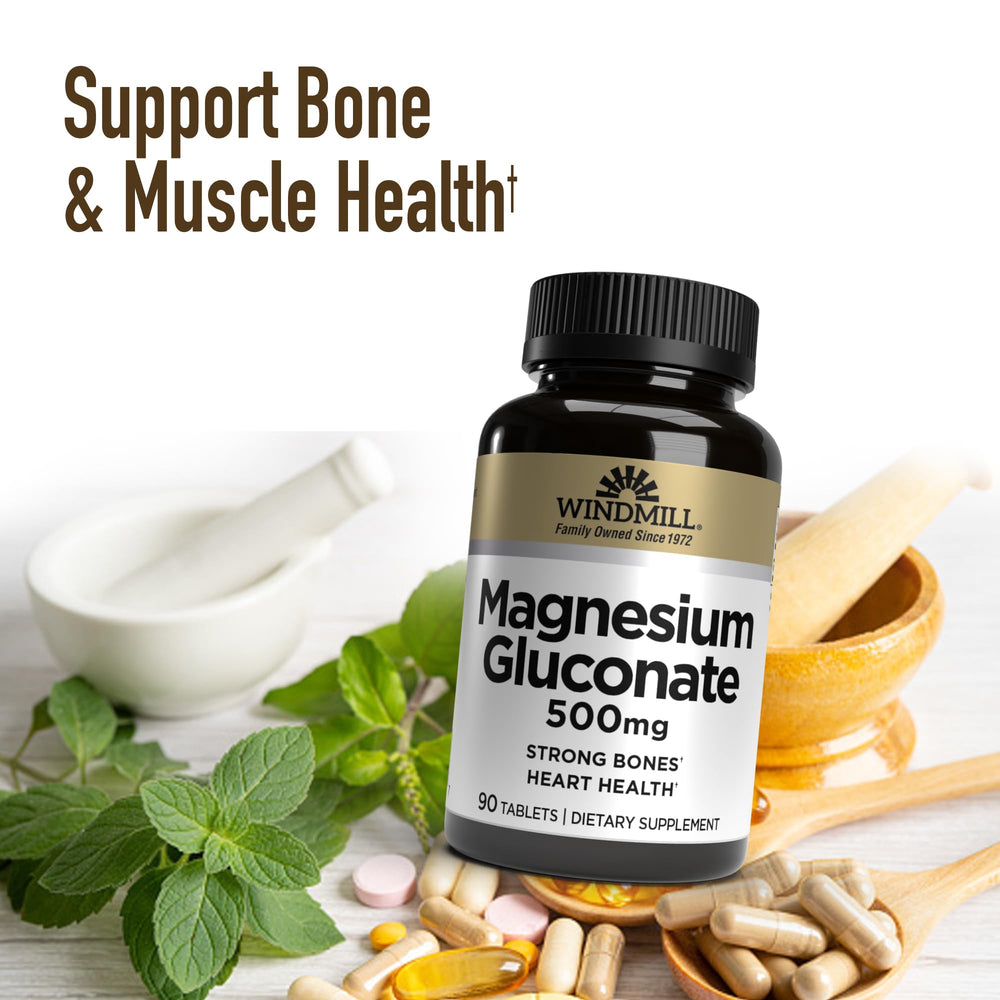 Windmill Magnesium Gluconate 500 mg bottle and packaging