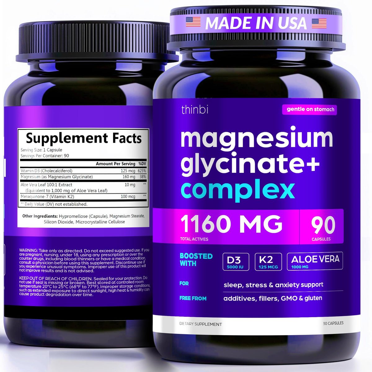 Bottle of Magnesium Glycinate 1160mg + Aloe Vera, D3 & K2 Complex capsules