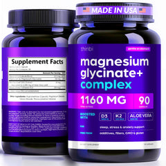 Bottle of Magnesium Glycinate 1160mg + Aloe Vera, D3 & K2 Complex capsules