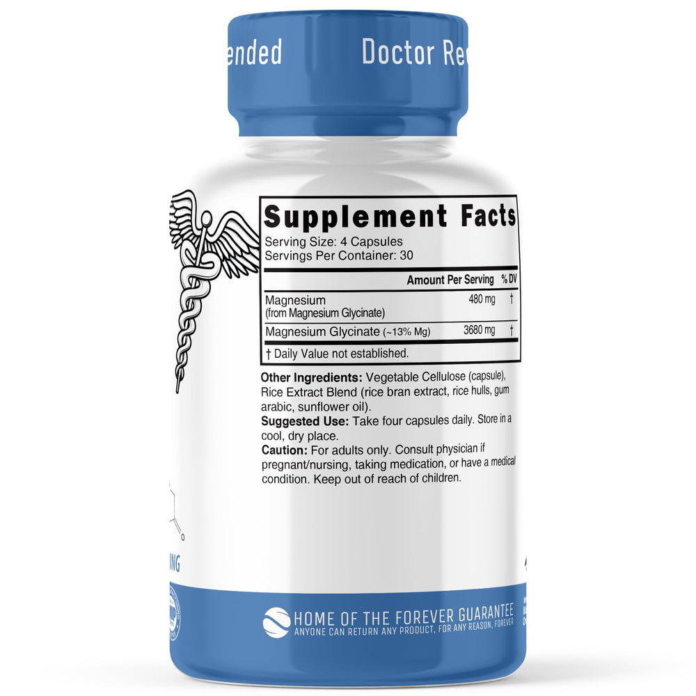 Close-up showing 480 mg elemental magnesium per serving from magnesium glycinate