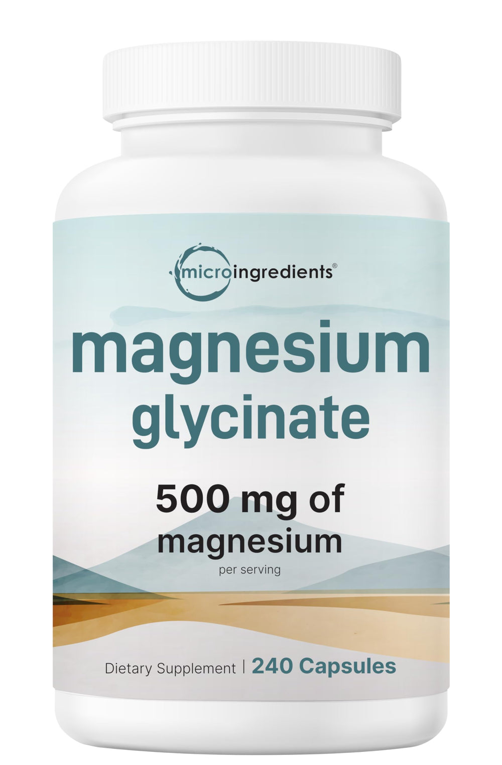 Front view of Magnesium Glycinate 500mg 240 capsules bottle