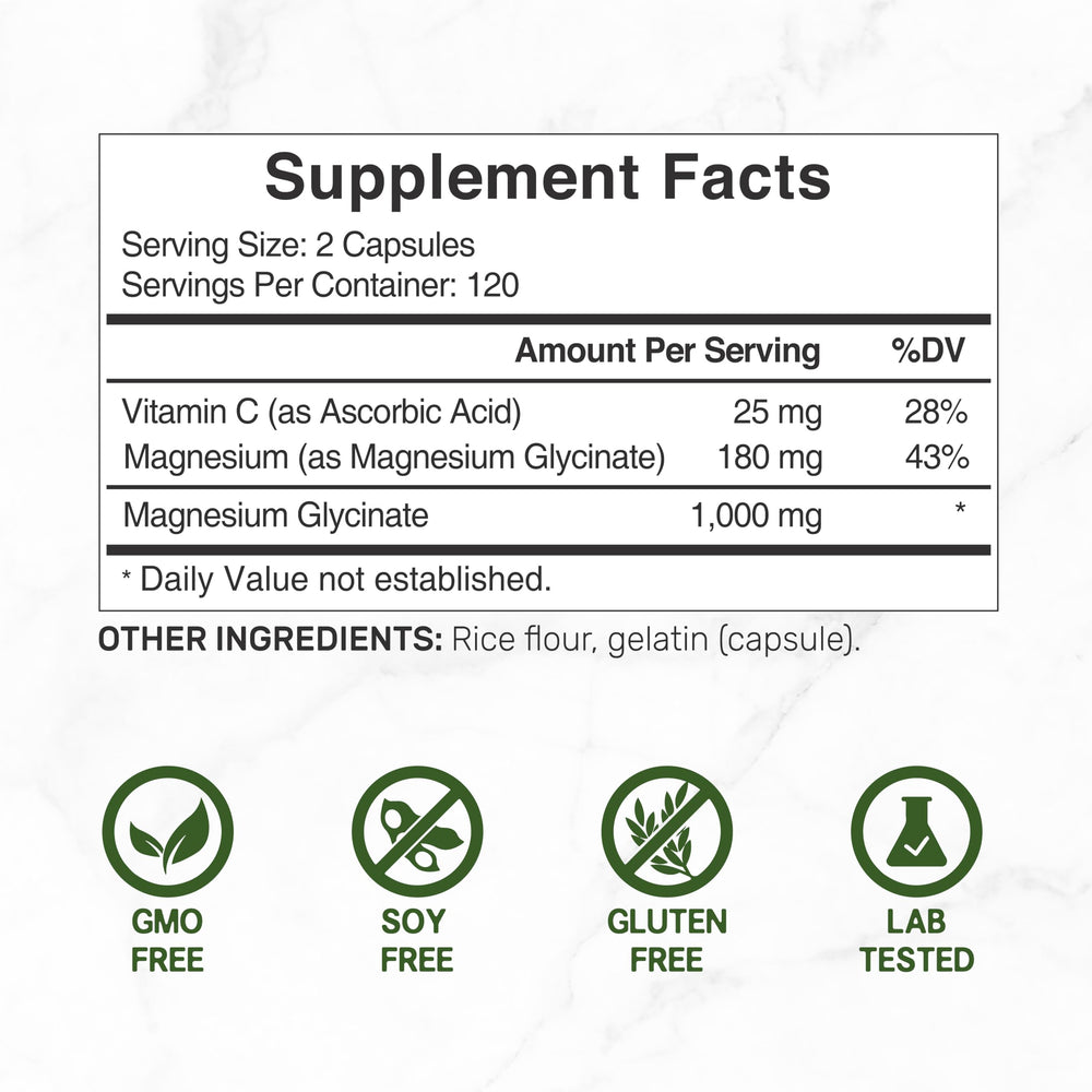 Capsules inside a 240-count bottle of magnesium glycinate