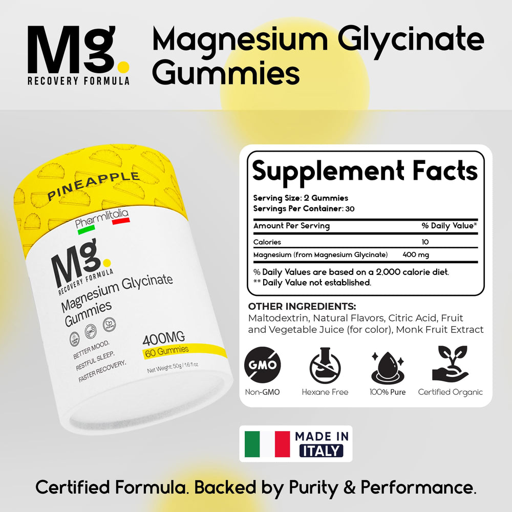 60-count bottle of Pineapple magnesium glycinate gummies on white background