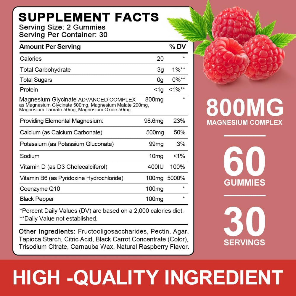 Glycinate magnesium gummies ingredients panel showing mg amounts